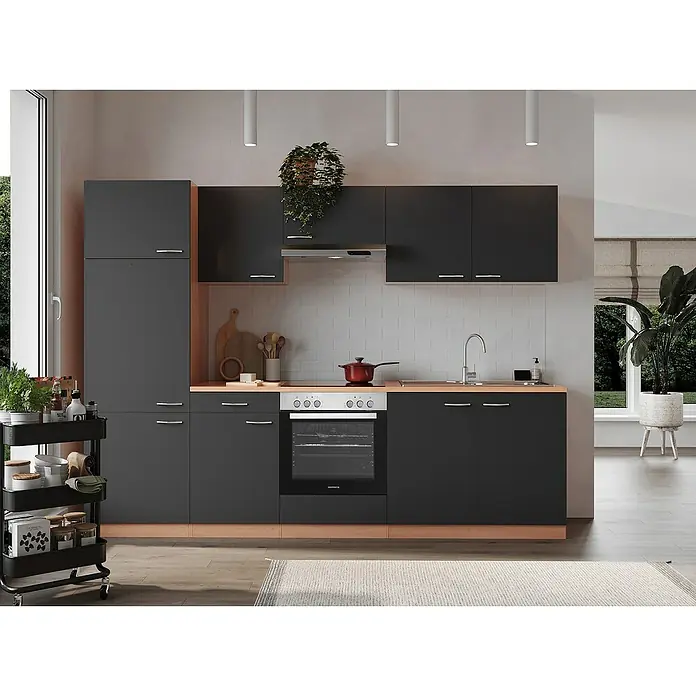 Respekta Küchenzeile Gerda - Breite: 270 cm, Grau, Mit Elektrogeräten, Volumen Backofen: 72 l - Eine moderne, graue Küche mit Holzdetails, die eine elegante und funktionale Raumlösung bietet.\n