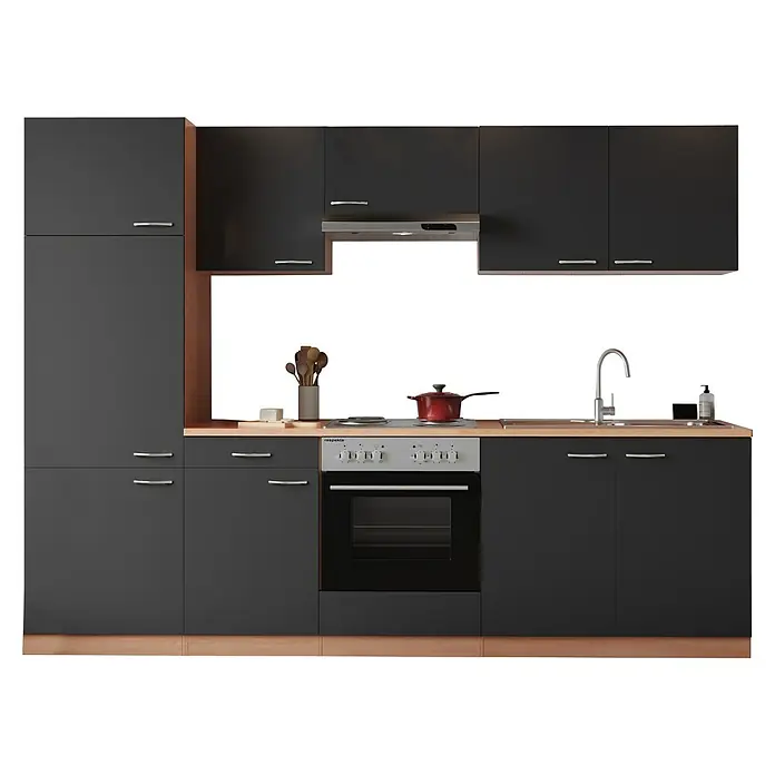 Respekta Küchenzeile Gerda - Breite: 270 cm, Grau, Mit Elektrogeräten, Volumen Backofen: 60 l - Moderne Küche mit schwarzen Schränken, hellem Holzarbeitsplatte und Edelstahlgeräten für einen stilvollen Look.