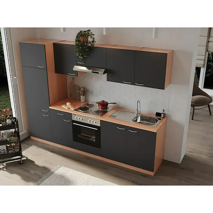 Respekta Küchenzeile Gerda - Breite: 270 cm, Grau, Mit Elektrogeräten, Volumen Backofen: 60 l - Eine moderne Küche in Grau und Holzoptik mit Elektroherd, Spüle und Hängeschränken, die Stauraum bietet und ein stilvolles Ambiente schafft.