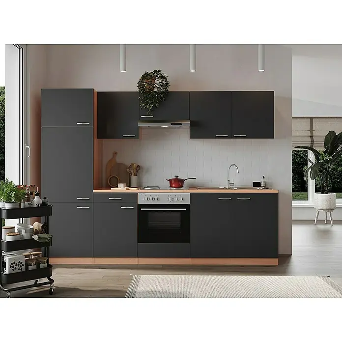 Respekta Küchenzeile Gerda - Breite: 270 cm, Grau, Mit Elektrogeräten, Volumen Backofen: 60 l - Elegantes Küchenset in Anthrazit mit modernen Griffen und stilvoller Anordnung, ideal für zeitgemäße Wohnräume mit praktischem Stauraum.