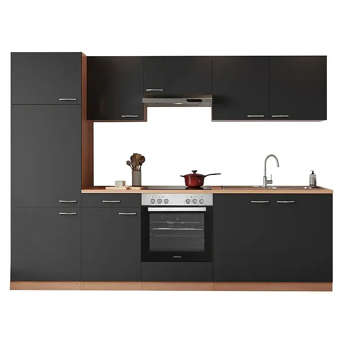 Respekta Küchenzeile Gerda - Breite: 270 cm, Grau, Mit Elektrogeräten, Volumen Backofen: 72 l - Moderne schwarze Einbauküche mit Holzdetails, Spüle, Herd und Dunstabzugshaube für stilvolles Kochen.