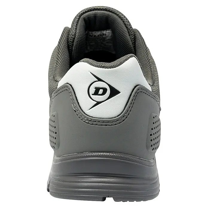 Dunlop Zapato bajo de seguridad Matt - 44, Clase de protección según EN ISO 20345: S3, Gris - Vista trasera de un zapato Dunlop gris con detalle de logotipo blanco. Cómodo y elegante para el día a día.