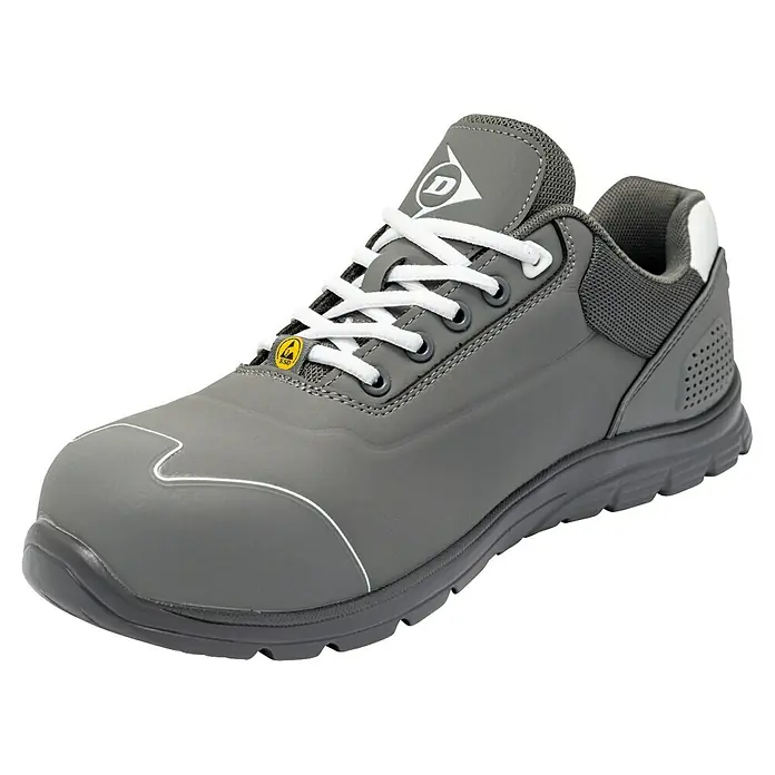Dunlop Zapato bajo de seguridad Matt - 44, Clase de protección según EN ISO 20345: S3, Gris - Zapato de seguridad gris Dunlop con cordones blancos y símbolo ESD, ideal para la protección laboral.