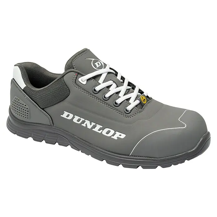 Dunlop Zapato bajo de seguridad Matt - 44, Clase de protección según EN ISO 20345: S3, Gris - Zapato de seguridad Dunlop gris con detalles blancos y cordones. Ideal para protección y comodidad laboral.