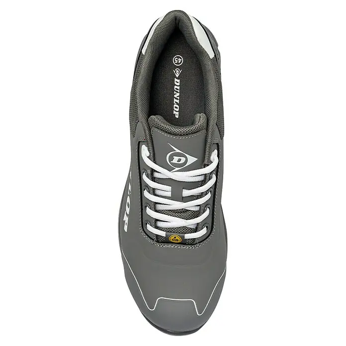 Dunlop Zapato bajo de seguridad Matt - 44, Clase de protección según EN ISO 20345: S3, Gris - Zapato de seguridad gris Dunlop con cordones blancos, ideal para entornos laborales que requieren protección y comodidad.