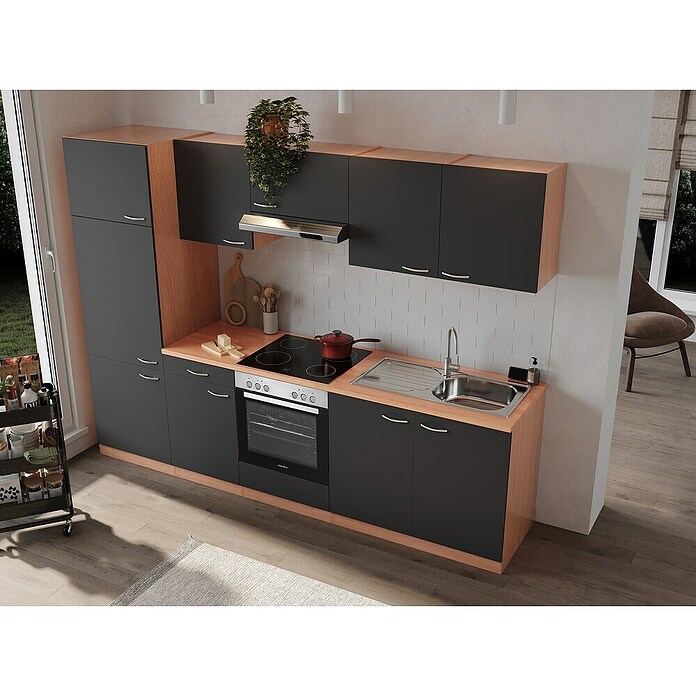 Respekta Composición de cocina (Ancho: 270 cm, Con dispositivos eléctricos, Gris)