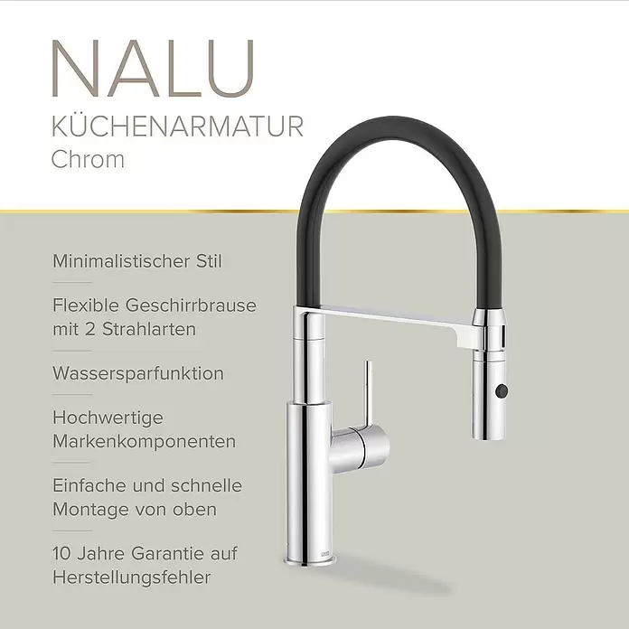 Lenz Spültischarmatur Nalu - Chrom/Schwarz, Glänzend - Chrom-Küchenarmatur mit schwarzem, flexiblem Schlauch und herausziehbarer Brause.