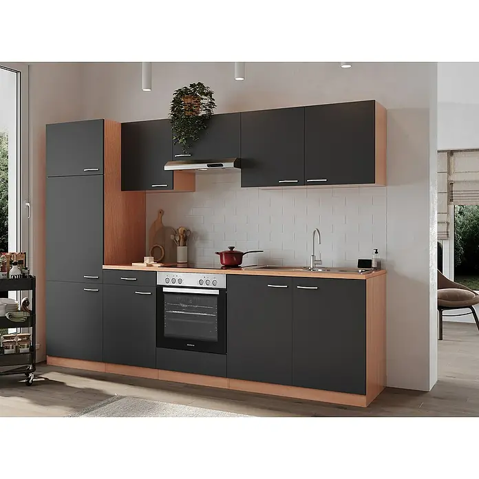 Respekta Küchenzeile Gerda - Breite: 270 cm, Grau, Mit Elektrogeräten, Volumen Backofen: 72 l - Küchenansicht mit modernen, grauen Schränken und Holzverkleidung, die ein stilvolles und funktionales Design präsentiert.