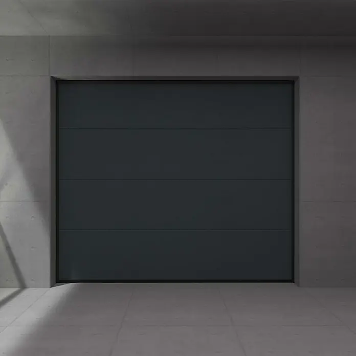 Solid Elements Puerta de garaje con motor Standard Eco - 250 x 212,5 cm, Antracita - Una puerta de garaje moderna de antracita se integra perfectamente en una fachada de hormigón, ofreciendo seguridad elegante y diseño contemporáneo.