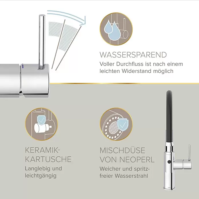 Lenz Spültischarmatur Nalu - Chrom/Schwarz, Glänzend - Verchromte Küchenarmatur mit schwarzem, flexiblem Auslauf, hebt Wassersparfunktion, langlebige Keramikkartusche und weichen, spritzfreien Neoperl-Wasserstrahl hervor.