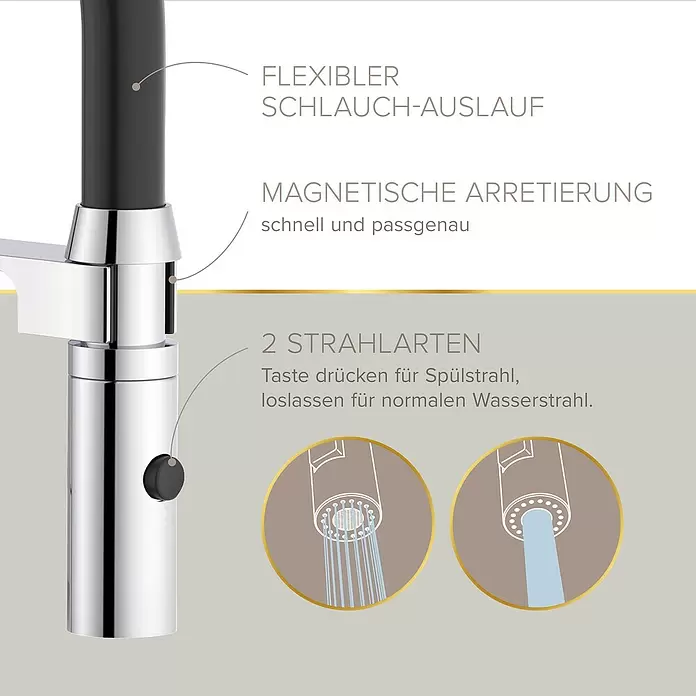 Lenz Spültischarmatur Nalu - Chrom/Schwarz, Glänzend - Chromarmatur mit flexiblem Schlauch-Auslauf, magnetischer Arretierung und zwei Strahlarten (Brause/Normal).