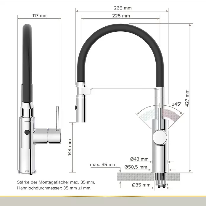 Lenz Spültischarmatur Nalu - Chrom/Schwarz, Glänzend - Verchromte Küchenarmatur mit schwarzem, flexiblem Auslauf, detailliert bemaßt für Installation und Abmessungen.