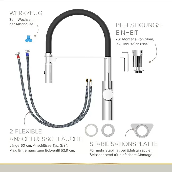 Lenz Spültischarmatur Nalu - Chrom/Schwarz, Glänzend - Chromfarbene Küchenarmatur mit flexiblen Anschlussschläuchen und Montagezubehör, inklusive Werkzeug und Stabilisationsplatte.