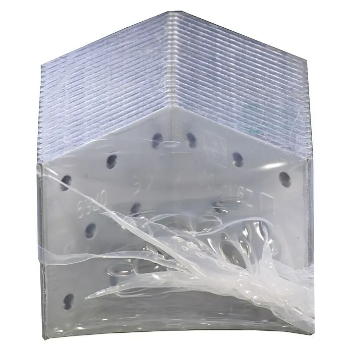 Vormann Escuadra con placa perforada - L x An x Al: 60 x 60 x 60 mm, 20 ud. - Paquete con una pila de placas transparentes, posiblemente de plástico o acrílico, con agujeros y envuelto en film plástico.