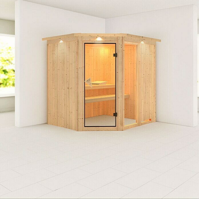 Karibu Systemsauna (Ohne Ofen, 170 x 196 x 198 cm, Mit Dachkranz und Beleuchtung)