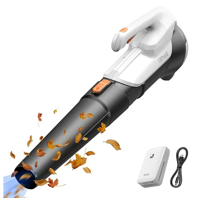 Litheli U20 Akku-Laubbläser Handy+ - 20 V, 1 Akku, 2 Ah, Blasgeschwindigkeit: 38 m/s, Blasleistung: 604 m³/min - Weißer und schwarzer Laubbläser mit orangefarbenen Akzenten, bläst Herbstblätter. Inklusive weißem Ladegerät und schwarzem USB-Kabel.