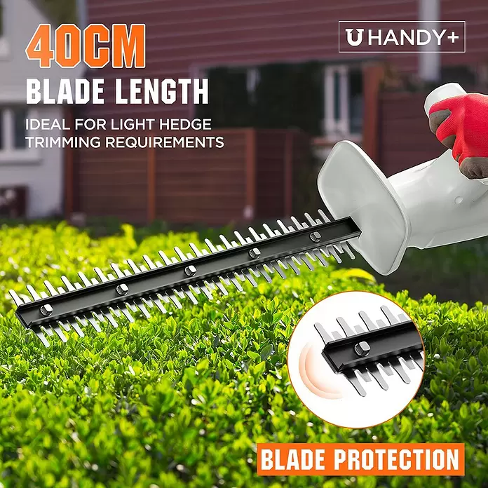 Litheli U20 Akku-Heckenschere Handy+ - 20 V, Li-Ionen, 1 Akku, Schnittlänge: 400 mm - Weißer Heckenschneider mit 40cm schwarzer Klinge, beim Trimmen von Hecken. Betont den Klingenschutz.