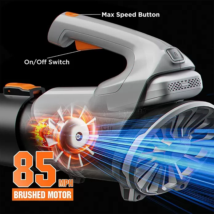 Litheli U20 Akku-Laubbläser Handy+ - 20 V, 1 Akku, 2 Ah, Blasgeschwindigkeit: 38 m/s, Blasleistung: 604 m³/min - Graues und orangefarbenes Hand-Laubgebläse mit sichtbarem Innenlüfter, Motor und Luftstrom, hervorhebend 85 MPH und Bürstenmotor.