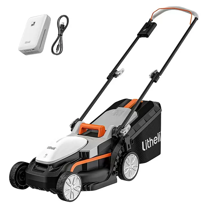 Litheli U20 Akku-Rasenmäher Handy+ - 20 V, 1 Akku, 4 Ah, Schnittbreite: 33 cm - Schwarzer und weißer Litheli Akku-Rasenmäher mit orangen Akzenten, inklusive Ladegerät und Ladekabel.