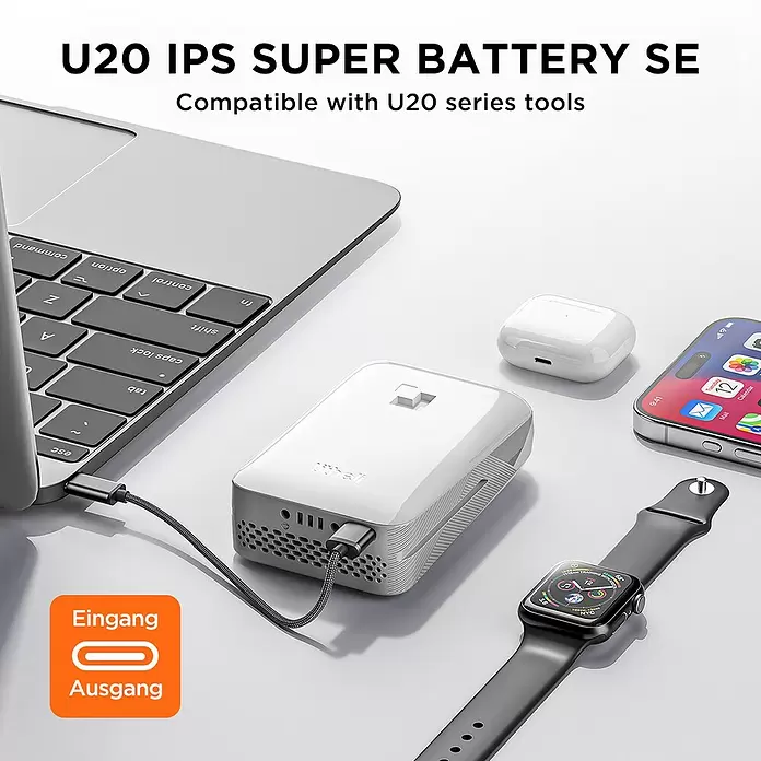 Litheli U20 Akku-Heckenschere Handy+ - 20 V, Li-Ionen, 1 Akku, Schnittlänge: 400 mm - Weißer tragbarer Akku mit Laptop verbunden, umgeben von iPhone, AirPods und Apple Watch.