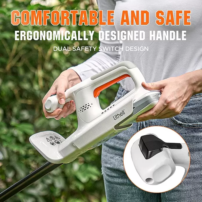 Litheli U20 Akku-Heckenschere Handy+ - 20 V, Li-Ionen, 1 Akku, Schnittlänge: 400 mm - Person hält einen weißen und orangefarbenen ergonomischen Griff eines Gartengeräts mit einem schwarzen doppelten Sicherheitsschalter.