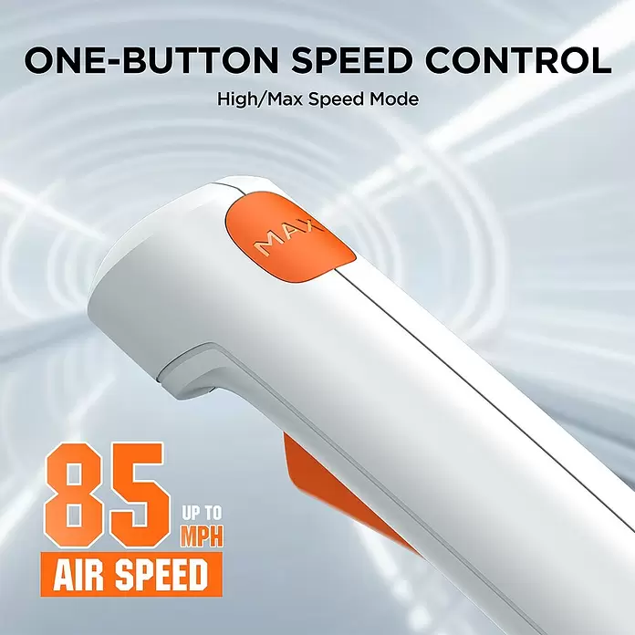 Litheli U20 Akku-Laubbläser Handy+ - 20 V, 1 Akku, 2 Ah, Blasgeschwindigkeit: 38 m/s, Blasleistung: 604 m³/min - Weißes Handgebläse mit orangefarbenem Knopf, bietet Ein-Knopf-Geschwindigkeitsregelung und 85 MPH Luftgeschwindigkeit.