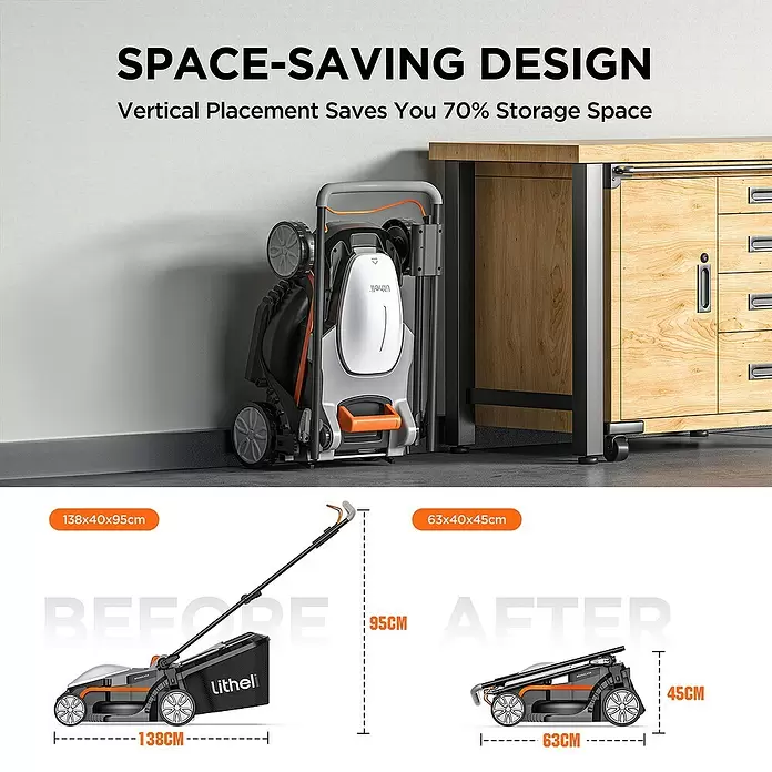 Litheli U20 Akku-Rasenmäher Handy+ - 20 V, 1 Akku, 4 Ah, Schnittbreite: 33 cm - Schwarz-oranger Rasenmäher: faltbares, platzsparendes Design, Maße vor (138cm) und nach (63cm) dem Zusammenklappen für vertikale Lagerung.