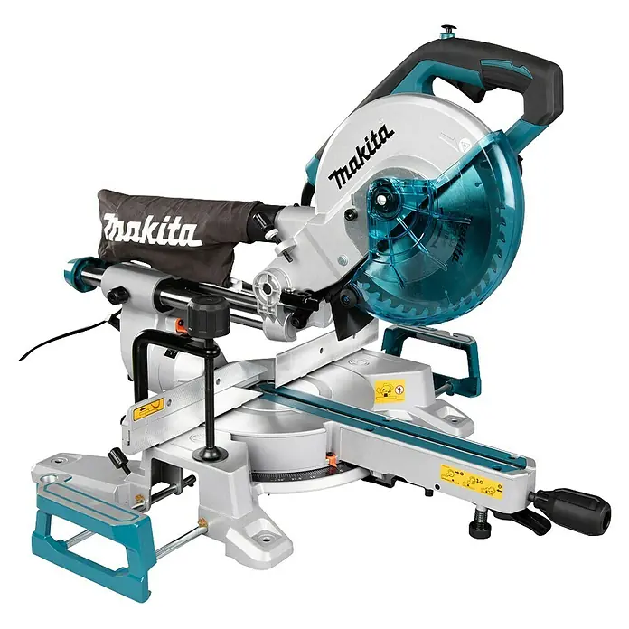 Makita Kapp- & Gehrungssäge LS0816F - 1.200 W, Durchmesser Sägeblatt: 216 mm, Leerlaufdrehzahl: 5.000 U/min - Eine Makita Kapp- und Gehrungssäge mit blauem Sägeblatt vor schwarzem Hintergrund. Ideal für präzise Holzzuschnitte.