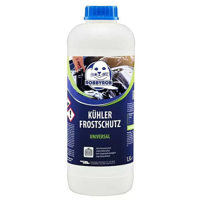 Robbyrob Kühlerfrostschutz - 1,5 l - Weiße Plastikflasche mit blauem Deckel für RobbyRob Kühlerfrostschutz (1,5 L).