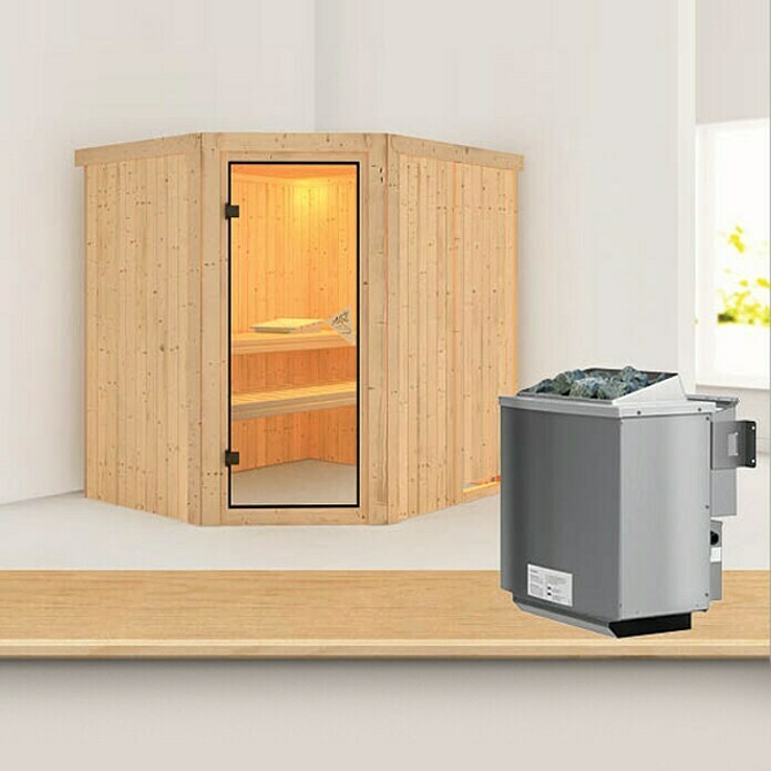 Karibu Elementsauna Siirin (Mit 9 kW Ofen mit integrierter Steuerung, Ohne Dachkranz, Materialspezifizierung Tür: Ganzglas Bronze, L x B x H: 196 x 17