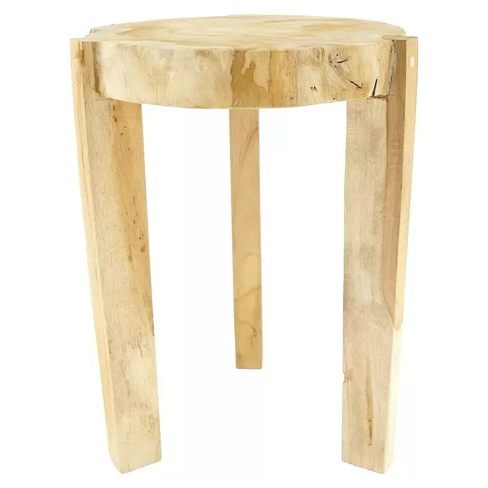 Beistelltisch Linea - Ø x H: 28 x 38 cm, Holz - Rustikaler kleiner Hocker oder Beistelltisch aus hellem Naturholz mit runder Platte und drei rechteckigen Beinen.
