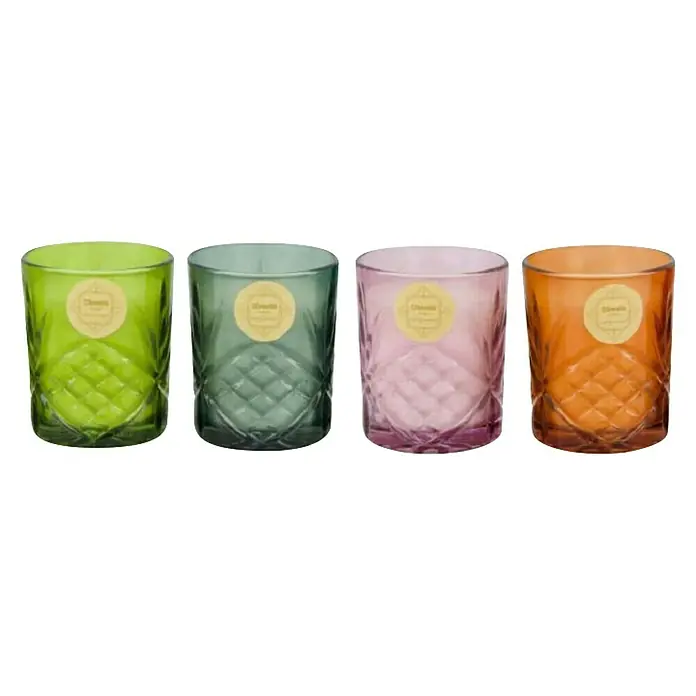 Duftkerze im Glas Style - 1 Stk., Citronella, Farbig sortiert - Sortierte Ansicht von vier farbigen "Cheville de Bourgogne"-Kerzen mit einem Diamantmuster auf der unteren Hälfte.