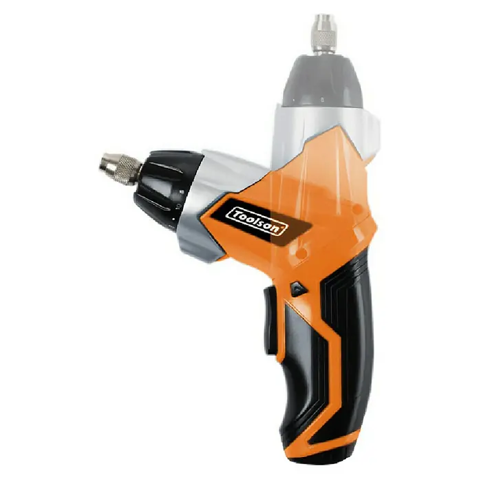 Toolson PRO Atornillador de batería ASX 3600 - 3,6 V, 1 batería, 1,3 Ah, 29 Nm - Imagen de un taladro inalámbrico Toolson. La herramienta es naranja y negra y tiene un cabezal de taladro ajustable.