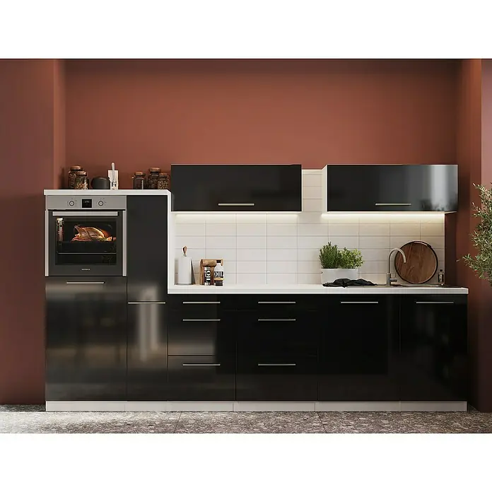 Respekta Premium Inselküche RP310IWSCBO - Breite: 310 cm, Schwarz, Mit Elektrogeräten - Eine moderne Küche mit schwarzen Schränken und einer weißen Arbeitsplatte, inklusive eines eingebauten Ofens.