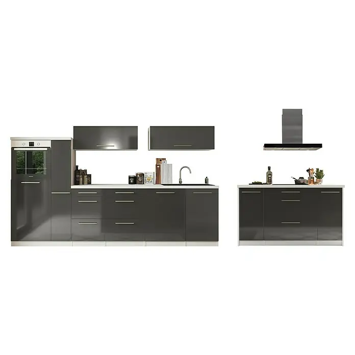 Respekta Premium Inselküche RP310IWGCBO - Breite: 310 cm, Grau, Mit Elektrogeräten - Elegante graue Küche mit modernen Geräten und Oberflächen, die Stil und Funktionalität vereint.