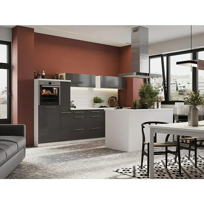 Respekta Premium Inselküche RP310IWGCBO - Breite: 310 cm, Grau, Mit Elektrogeräten - Helles Küchendesign mit modernen grauen Schränken, einer Kochinsel und einem Edelstahl-Dunstabzug für ein stilvolles Kocherlebnis.