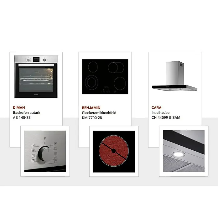 Respekta Premium Inselküche RP280IEWCBO - Breite: 280 cm, Weiß, Mit Elektrogeräten - Produktübersicht: Einbaubackofen, Glaskeramikkochfeld und eine Dunstabzugshaube. Detailaufnahmen von Bedienelementen und Heizelementen.
