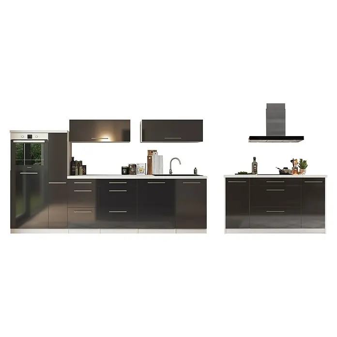 Respekta Premium Inselküche RP310IWSCBO - Breite: 310 cm, Schwarz, Mit Elektrogeräten - Eine moderne, graue Küche mit weißen Arbeitsplatten und Edelstahldetails. Das Design ist minimalistisch und funktional gestaltet.