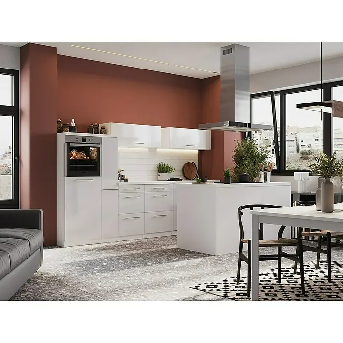Respekta Premium Inselküche RP310IWWCBO - Breite: 310 cm, Weiß, Mit Elektrogeräten - Helle Küche mit Kochinsel und Essbereich, akzentuiert durch eine stilvolle Dunstabzugshaube und moderne Geräte.