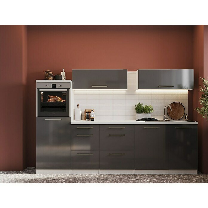 Respekta Premium Cocina de isla (Ancho: 280 cm, Con dispositivos eléctricos, Gris de alto brillo)