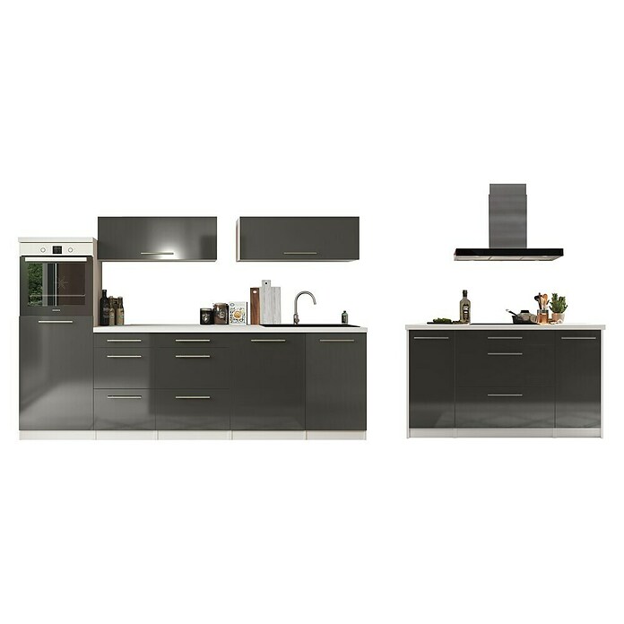 Respekta Premium Cocina de isla (Ancho: 280 cm, Con dispositivos eléctricos, Gris de alto brillo)
