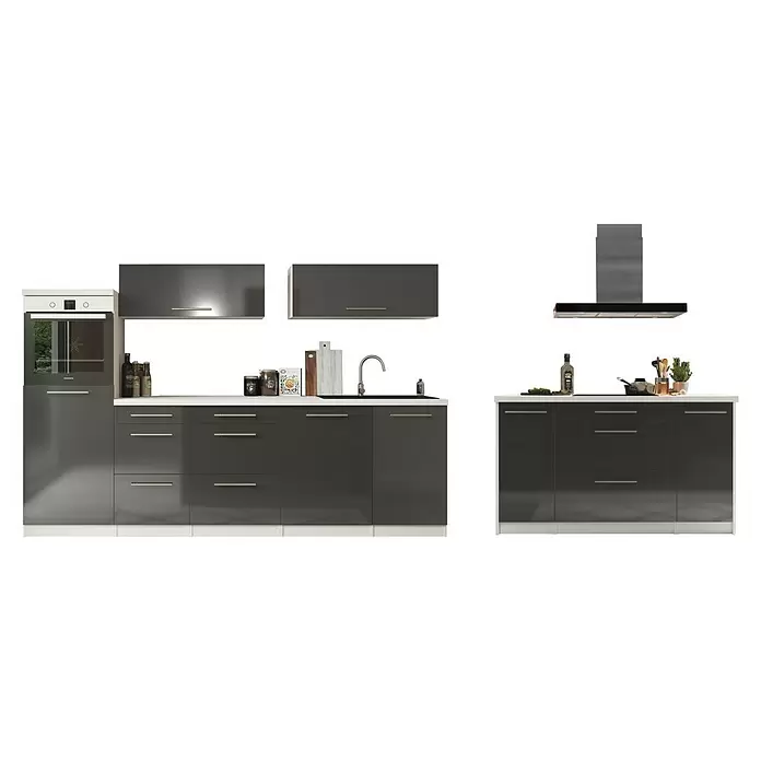 Respekta Premium Cocina de isla Amanda - Ancho: 280 cm, Gris, Con electrodomésticos - Muebles de cocina modernos gris oscuro con horno, fregadero y campana, encimeras blancas y accesorios de cocina.