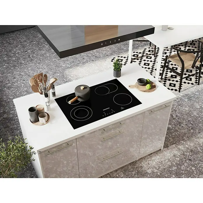 Respekta Premium Inselküche RP310IWWCBO - Breite: 310 cm, Weiß, Mit Elektrogeräten - Eine moderne Küche mit Kochfeld, stilvollen Küchenutensilien und frischen Akzenten. Das Design vereint Funktionalität und Ästhetik.
