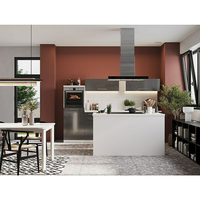 Respekta Premium Cocina de isla (Ancho: 280 cm, Con dispositivos eléctricos, Gris de alto brillo)