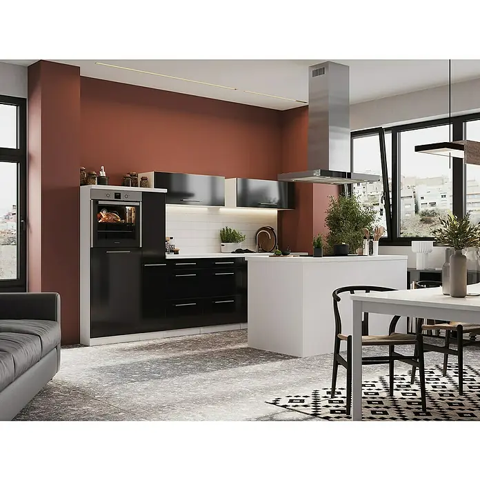 Respekta Premium Inselküche RP310IWSCBO - Breite: 310 cm, Schwarz, Mit Elektrogeräten - Moderne Küche mit weißen Elementen, schwarzen Schränken und einer Edelstahl-Dunstabzugshaube, die ein elegantes und funktionales Design vereint.