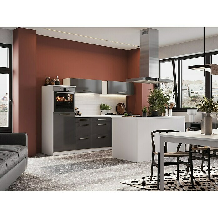 Respekta Premium Cocina de isla (Ancho: 280 cm, Con dispositivos eléctricos, Gris de alto brillo)