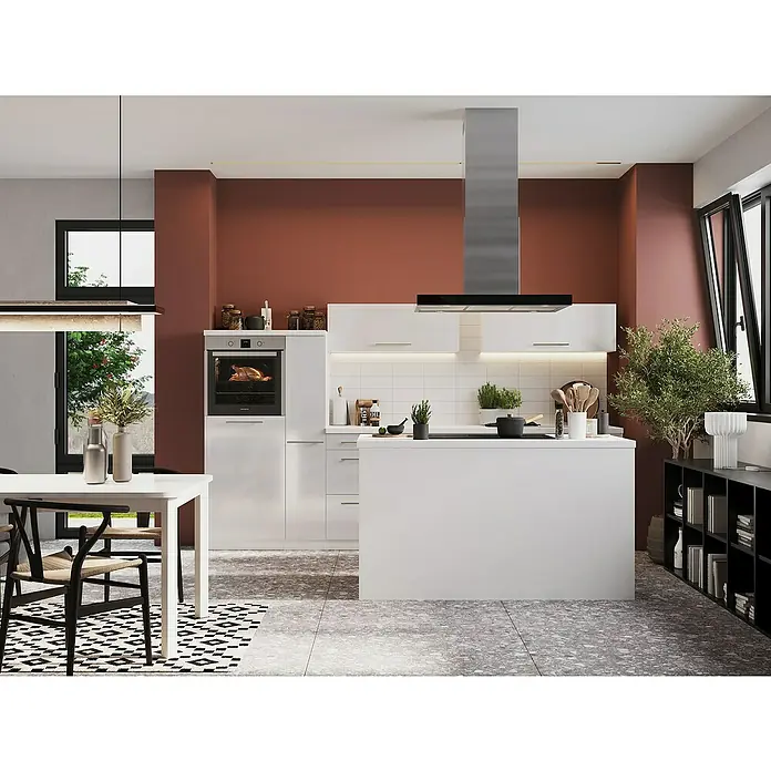 Respekta Premium Inselküche RP310IWWCBO - Breite: 310 cm, Weiß, Mit Elektrogeräten - Moderne Küche mit Kochinsel, integriertem Backofen und minimalistischem Design. Das Interieur zeichnet sich durch klare Linien und hochwertige Materialien aus.