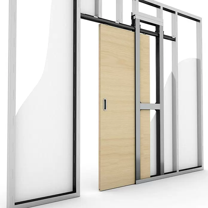 Entravia Schiebetürsystem Simple-Pocket Standard - Nicht vormontiert; für CW75 und CW100, Passend für: Entravia Holz- und Ganzglas-Schiebetüren - Querschnitt eines Schiebetürsystems mit heller Holztür, Metallrahmen und Laufschiene in einer Wandstruktur.