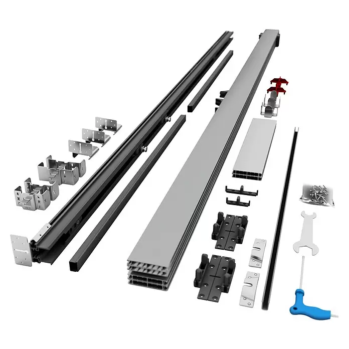 Entravia Schiebetürsystem Simple-Pocket Standard - Nicht vormontiert; für CW75 und CW100, Passend für: Entravia Holz- und Ganzglas-Schiebetüren - Hardware-Kit für Schiebesysteme, bestehend aus silbernen und schwarzen Profilen, verschiedenen Metallhalterungen, Kunststoffteilen, Schrauben und Werkzeugen.
