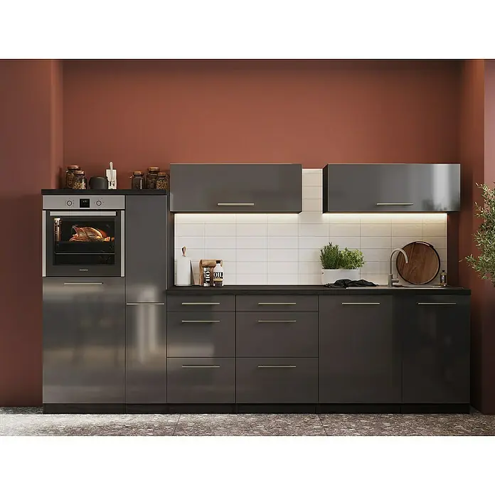 Respekta Premium Inselküche RP310IEGCBO - Breite: 310 cm, Grau, Mit Elektrogeräten - Moderne Küche mit grauen Schränken, einem eingebauten Ofen und stilvollem Design, perfekt für kulinarische Erlebnisse.